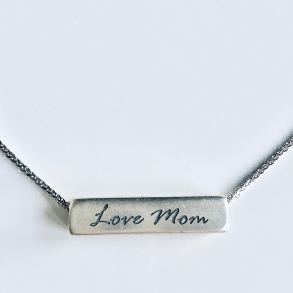 "Love Mom"  Silver Chain Engraved Necklace.